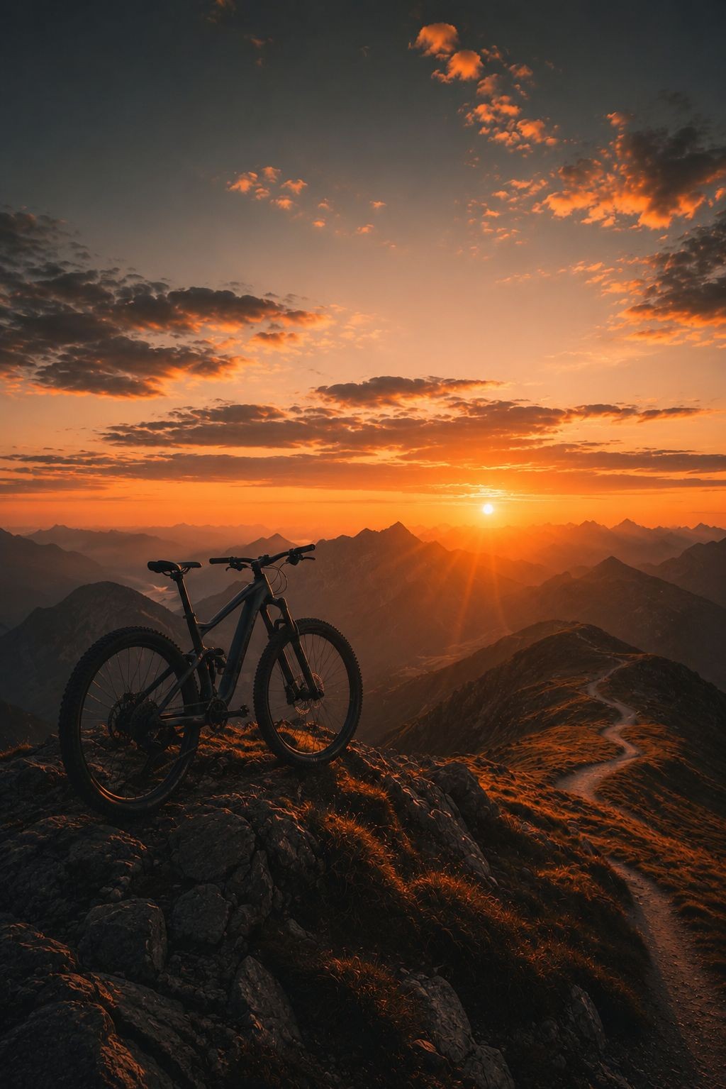 Ciclista en la cumbre con sendero al atardecer