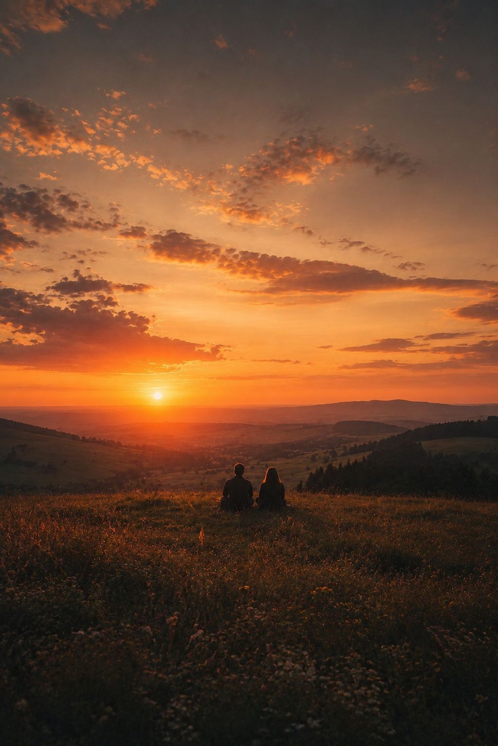 Pareja contemplando el valle al atardecer