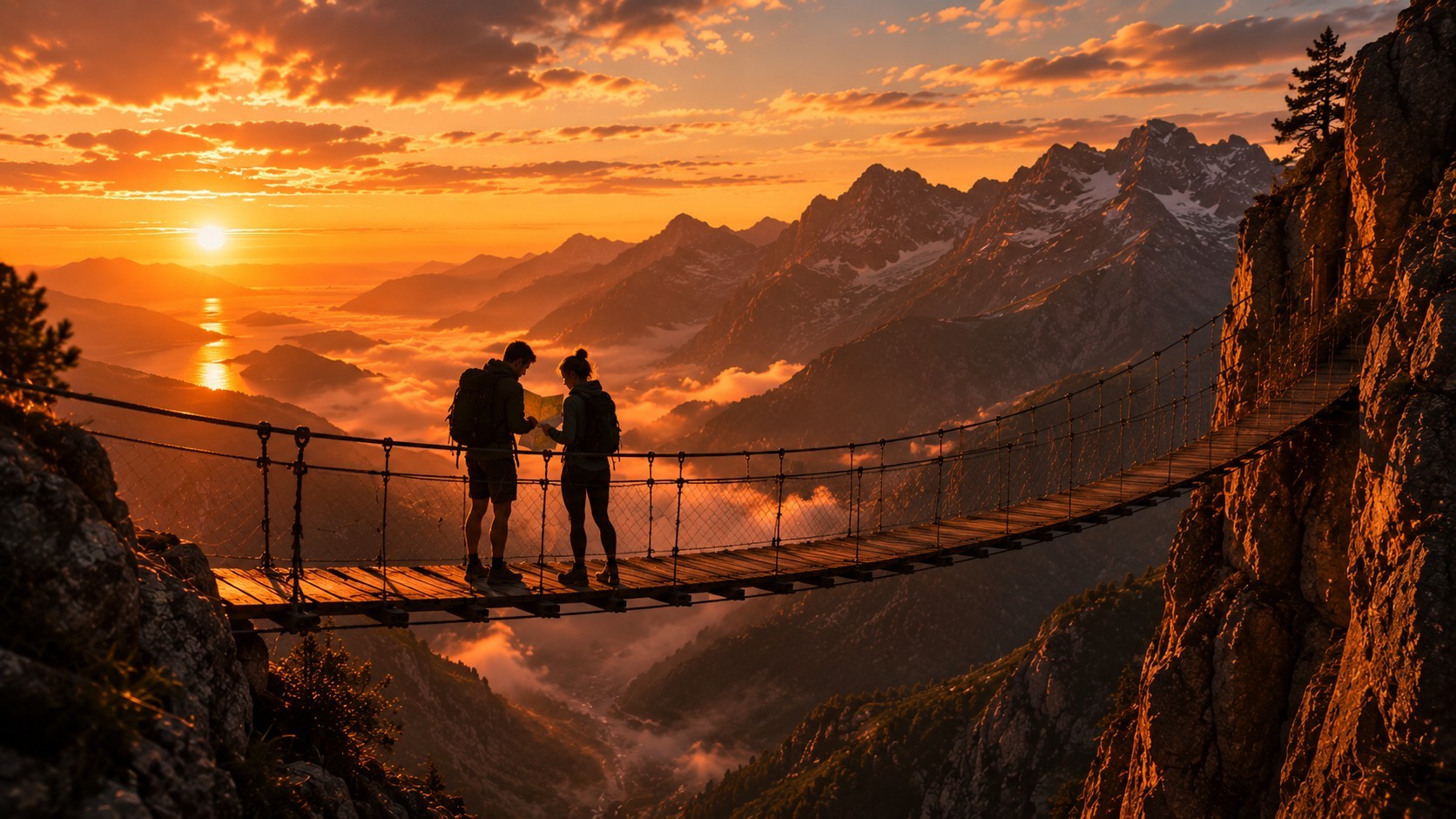 Pareja con un mapa en un puente colgante al atardecer