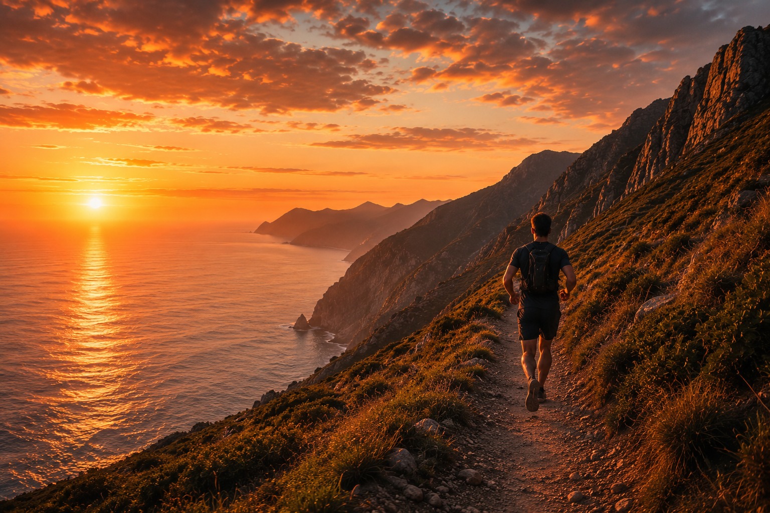Trail runner en el acantilado al atardecer